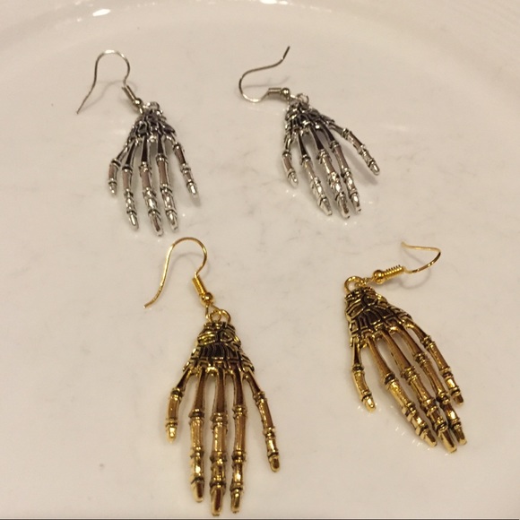 🦴 Single Pair Of Skeleton bone hand drop earrings in gold or silver💀 - Picture 1 of 8